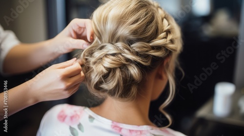 Close-up shots of a hair stylist crafting an elegant updo for a special occasion, emphasizing precision and attention to detail,