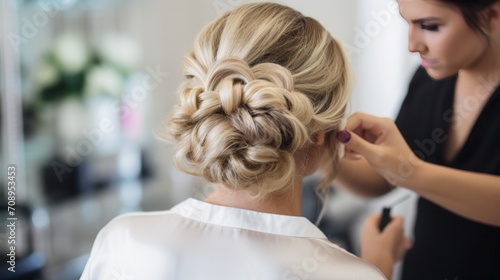Close-up shots of a hair stylist crafting an elegant updo for a special occasion, emphasizing precision and attention to detail,