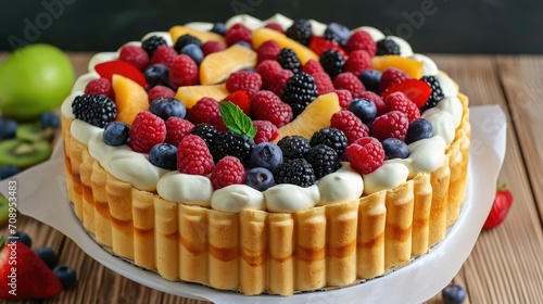 A lavish fruit tart is adorned with an array of fresh berries and slices of fruit, elegantly positioned around the creamy top, within a golden brown pastry shell.