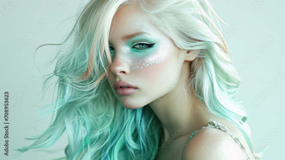 Fototapeta premium Portrait of a woman with creative makeup resembling a mermaid with colorful hair.