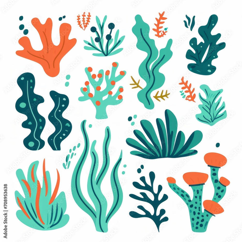 Naklejka premium Coral and seaweed clipart, very cute and simple, cartoon style, in teal, green, orange and blue colors on a white background.