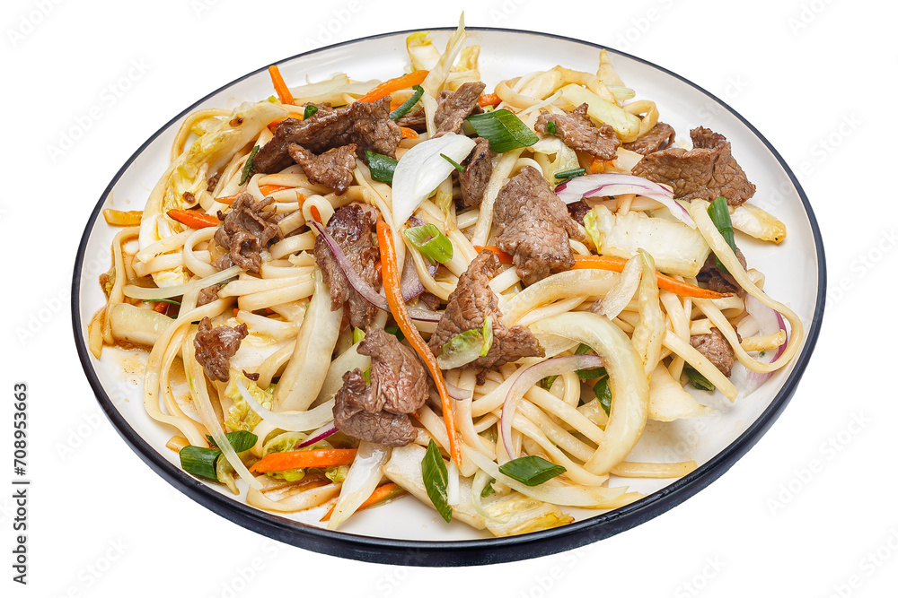 Vietnamese cuisine and food, udon noodles with vegetables and beef on a plate, on a white isolated background Vietnamese cuisine and food, udon noodles with vegetables and beef on a plate, on a white isolated background