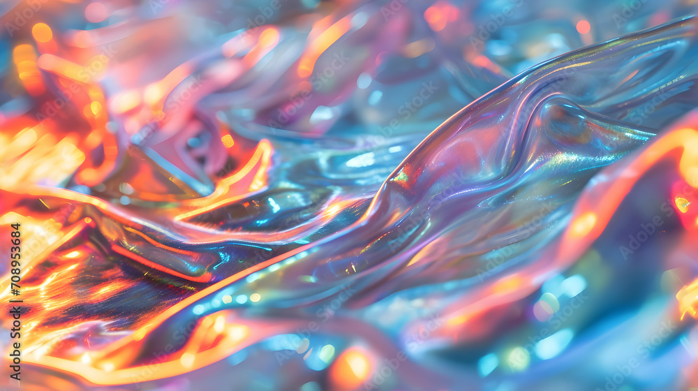 Obraz premium A vibrant and colorful textured background of iridescent, undulating fabric with shades of blue, pink, and orange