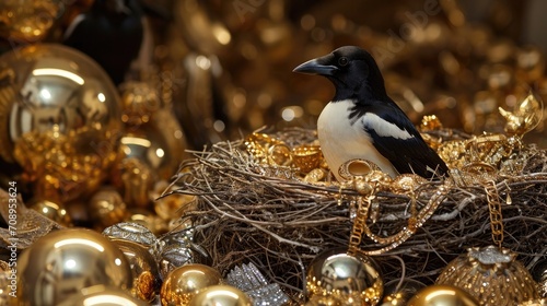 A magpie sits in a nest adorned with shiny gold jewelry and trinkets amidst the branches of a tree, evoking the bird's reputation for collecting treasures. photo