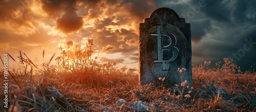 Bitcoin logo on tombstone in grass against dramatic sky.