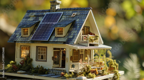 A miniature dollhouse with solar panels on the roof, featuring intricately detailed rooms with furniture, lighting, and decor photo