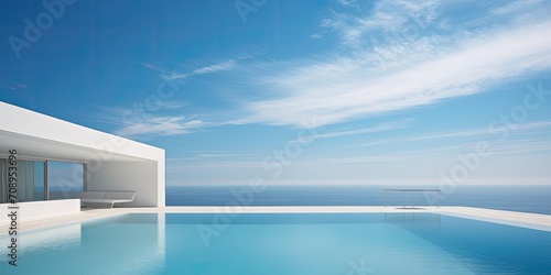 Modern minimalist cubic villa exterior with swimming pool