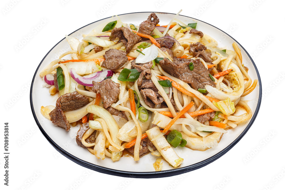 Vietnamese cuisine and food, udon noodles with vegetables and beef on a plate, on a white isolated background
