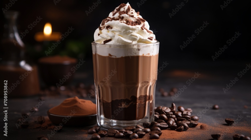 Comforting shots of a steaming glass of hot chocolate topped with whipped cream and chocolate shavings Comforting shots of a steaming glass of hot chocolate topped with whipped cream and chocolate shavings