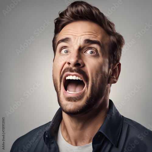 cinematic still a adult man expressing surprise and shock emotion with his mouth open and big wide open eyes. isolated on white background. .
