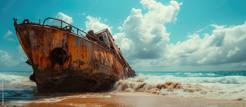 Sunken, rusty, beached ship with crashing waves in the ocean. Sunken, rusty, beached ship with crashing waves in the ocean.