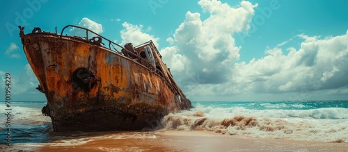 Sunken, rusty, beached ship with crashing waves in the ocean.