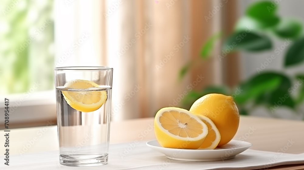 Fototapeta premium Warm water with a slice of lemon on kithen table at morning light. Healty drink. 