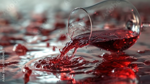  a glass of red wine is being poured into a wine glass with a red liquid splashing out of it on a surface of water that appears to the floor. photo