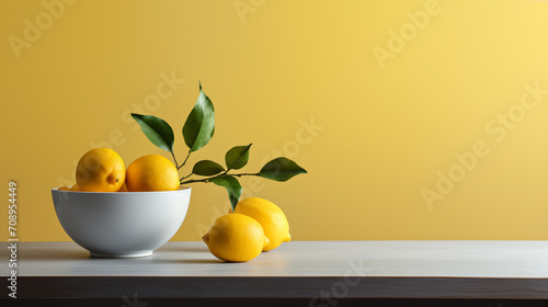 Warm water with a slice of lemon on kithen table at morning light. Healty drink.  photo
