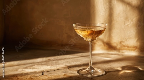  a close up of a wine glass with a liquid in it on a table with a shadow of a wall and a window in the background with a light shining on the floor.