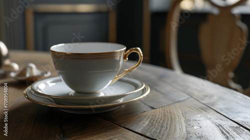  a cup and saucer sitting on top of a wooden table next to a spoon and a spoon rest on the edge of the cup and saucer on the plate.