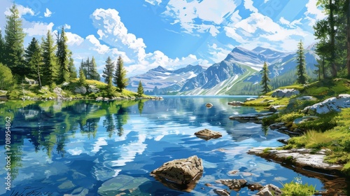  a painting of a mountain lake with rocks and trees in the foreground and a blue sky with white clouds and a few puffy white clouds in the background.