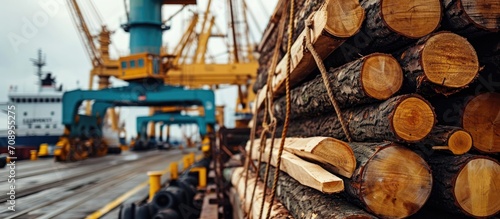 Shipping timber in and out of Wicklow commercial port in Ireland for the transport industry. Close-up of wood logs being loaded onto a cargo ship. photo