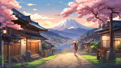 AI generated Japanese anime blossom at sunset scenery with Sakura flowers and mount Fuji