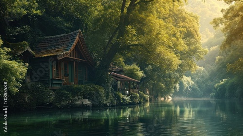  a house sitting on the edge of a river next to a lush green forest filled with lots of trees and a body of water with a boat in the foreground.