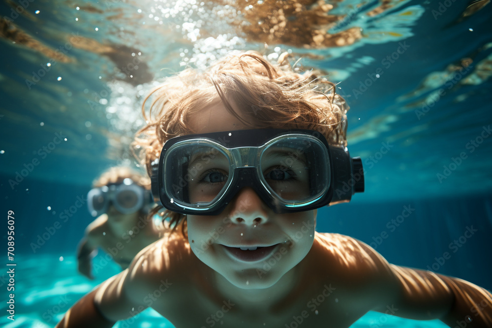 underwater child looking at camera underwater diving