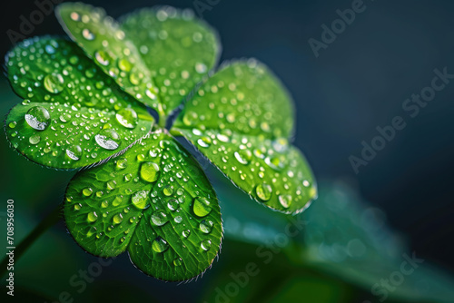 Close up of dew drops on a lucky St Patrick s day four leaf clover