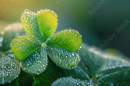 Close up of dew drops on a lucky St Patrick's day four leaf clover