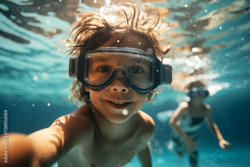 underwater child looking at camera underwater diving