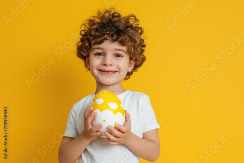 Curly-Haired Boy with a Big Smile Holding an Hand Painted Yellow Easter Egg on a Yellow Background