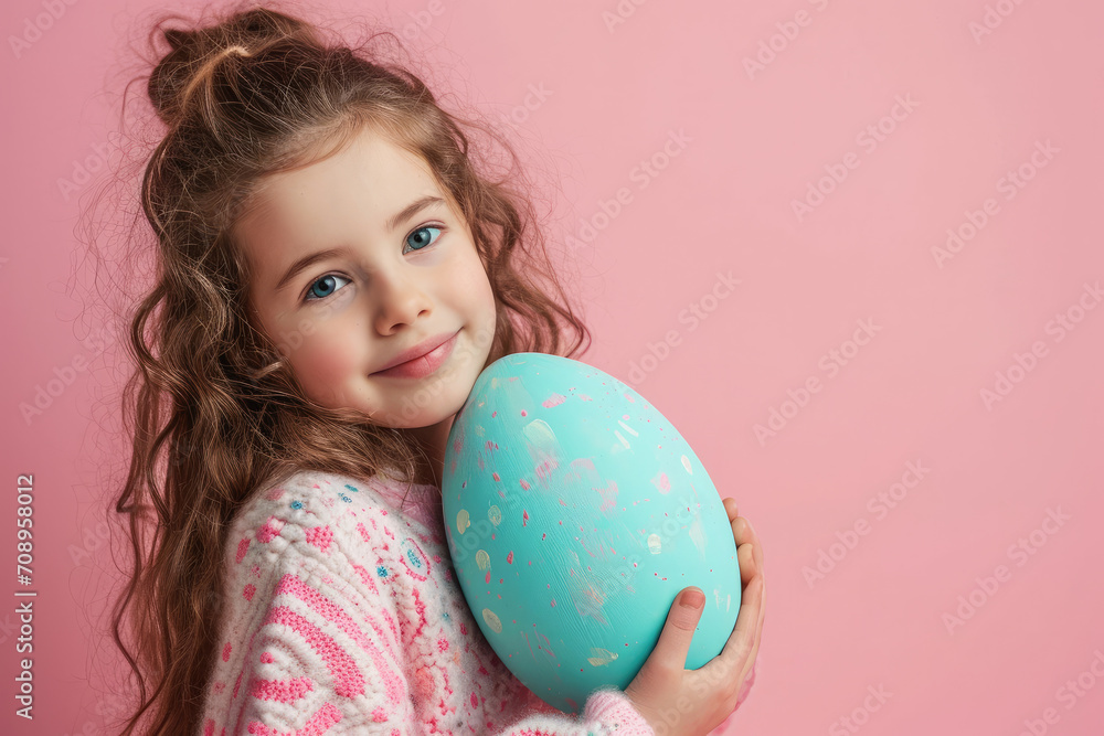 Sweet Young Girl Embracing a Blue Speckled Easter Egg On a Pink Background. Copy Space Sweet Young Girl Embracing a Blue Speckled Easter Egg On a Pink Background. Copy Space