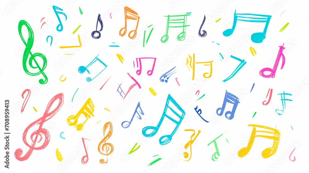 Music Musical Symbols And Notes Colorfull On White Loop Background. Hand Drawn