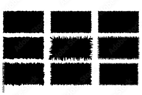 Rough rectangle paper shape with torn jagged frame. Rip grunge border strip for banner label. Tear collage cardboard text boarder with zigzag line. Tattered black scrap craft headline set.
