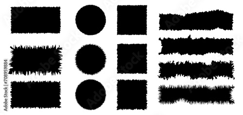 Rectangle jagged frame edge. Rough torn grunge paper collage. Rip cut strip border sheet for craft banner or text boarder. Blank black tattered cardboard sticker silhouette template collection
