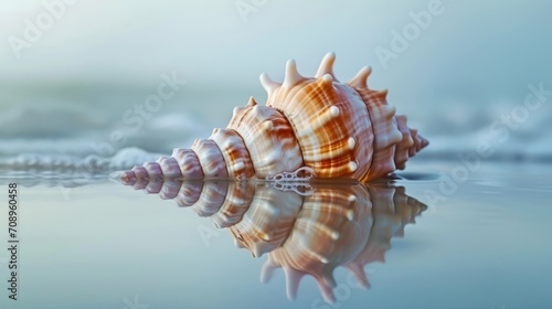  a close up of a sea shell on a body of water with a reflection of it on the surface of the water and in the background is a blue sky. photo