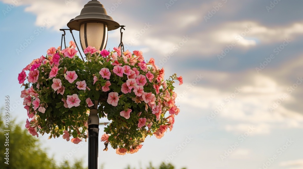  a lamp post with a bunch of pink flowers hanging from it's sides and a sky with clouds in the back ground and a blue sky with white clouds.