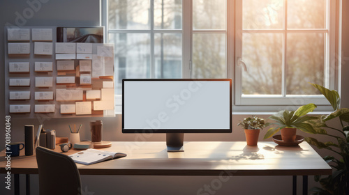 Elegance in Business: A Modern Office Workspace with a White Desk, Cutting-Edge Technology, and Ample Creative Space - A Blank Canvas for Innovation and Professional Productivity - A Banner © BrightSpace