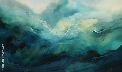 Weaving art, fiber art, gauze, layered fiber, gauze, delicate abstraction, clouds and trees, surreal, Asian painting, deep emerald and aquamarine, atmospheric clouds. Generative Ai