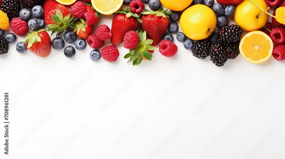 top view of fresh fruits, vegetables and berries on white background, Generative AI. top view of fresh fruits, vegetables and berries on white background, Generative AI.