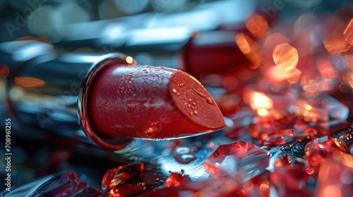  a close up of a red object with a lot of water on top of it and a lot of other things in the background with a blurry light in the background.