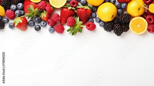 top view of fresh fruits, vegetables and berries on white background, Generative AI.