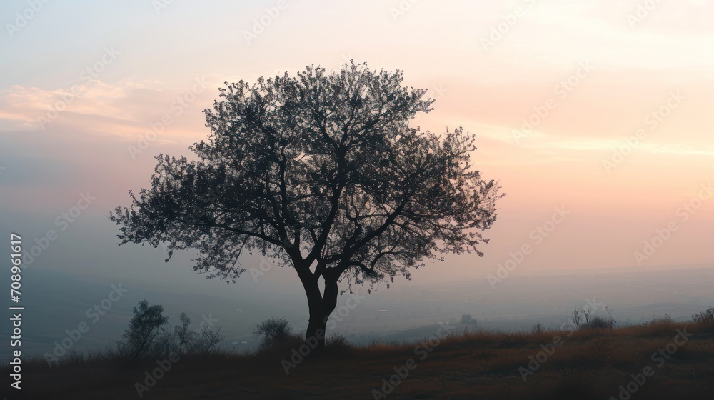  a lone tree on top of a hill with the sun setting in the background and a hazy sky in the foreground, with a few clouds in the foreground.
