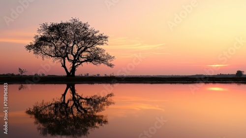  a lone tree sitting in the middle of a body of water with the sun setting in the background and the sky reflecting off of the water in the foreground.