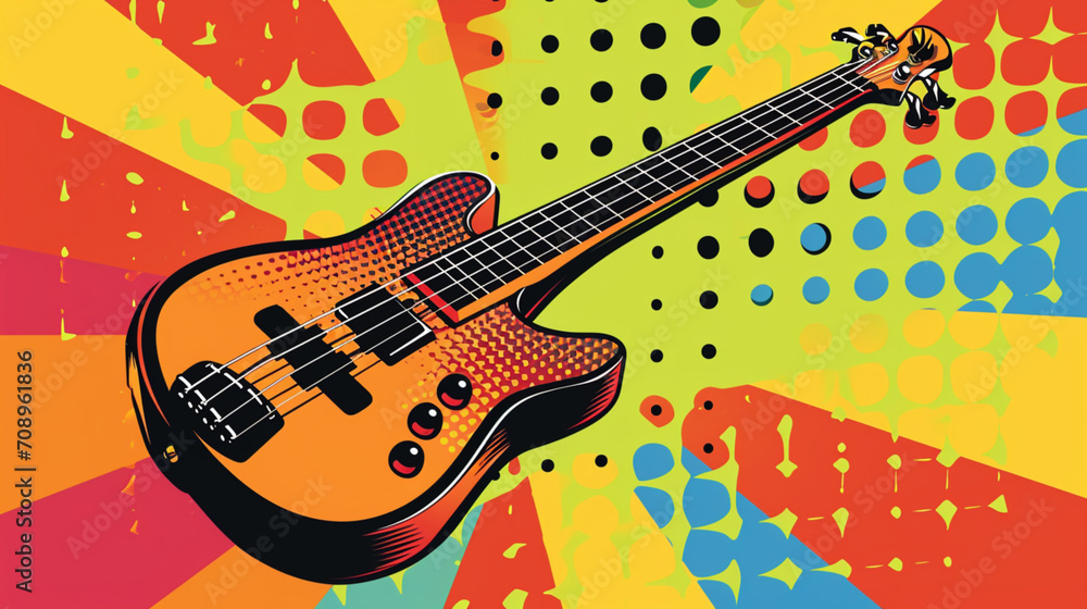 Wow pop art Guitar. Vector colorful background in pop art retro comic style.