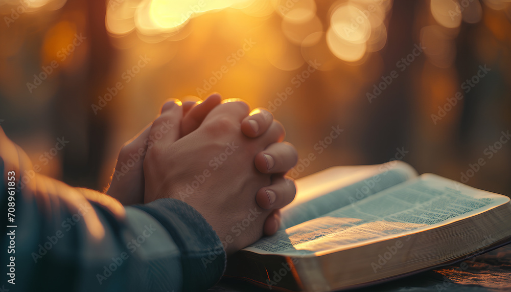 hands pray to God with the bible - obrazy, fototapety, plakaty 
