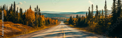 Highway Road stretching through a forested wilderness landscape.
