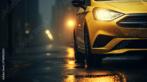 Rain-soaked streets of a city with the yellow headlights of a car shining brightly on a misty evening.