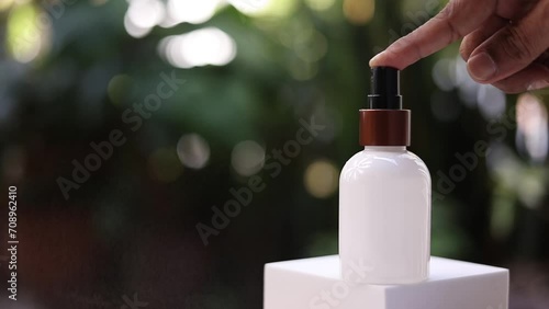 Pump head spray bottle Close-up of a hand-operated spray nozzle. cleaning Safety protection Bactericidal spray Virus protection

