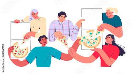 Group of people eating pizza together