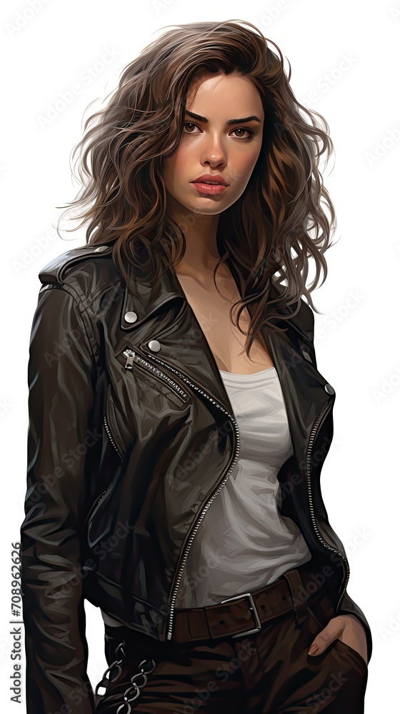 cute girl, white background , medium hair, looking at another point, wearing leather jacket - generative ai cute girl, white background , medium hair, looking at another point, wearing leather jacket - generative ai